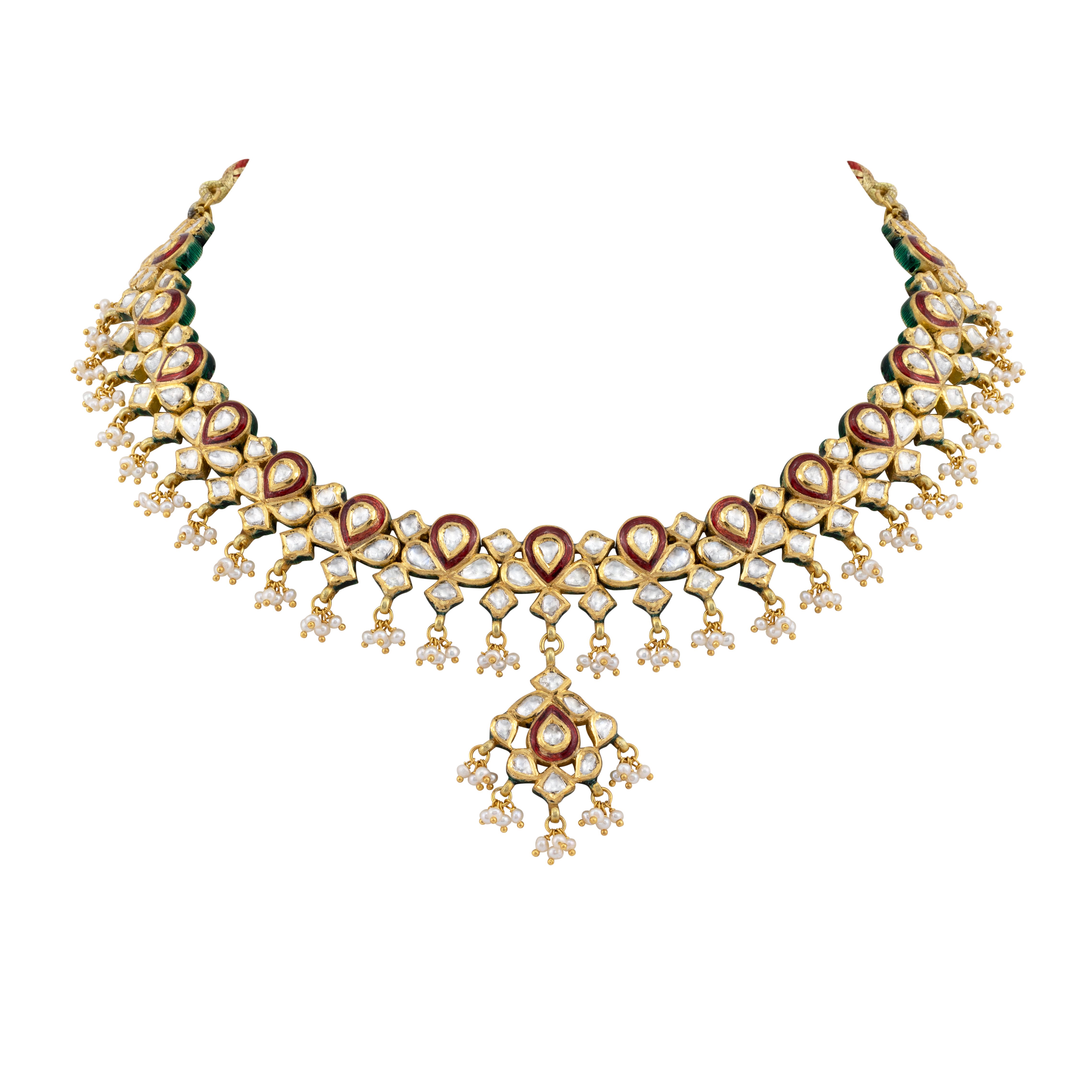 Polki Necklace with Red Enamel and Pearl Bead Clusters